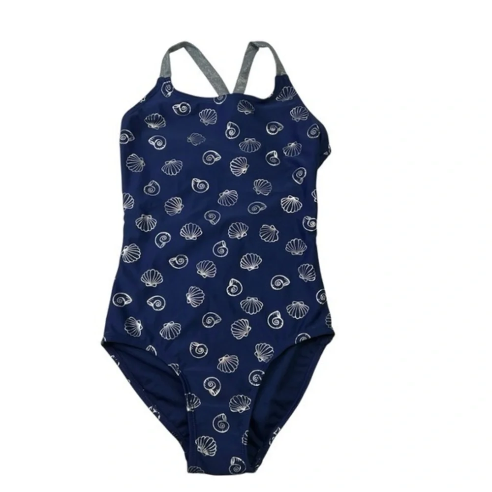 SO‎ Girls One Piece Swimsuit Navy Silver Seashell Beach Shine UV Protection